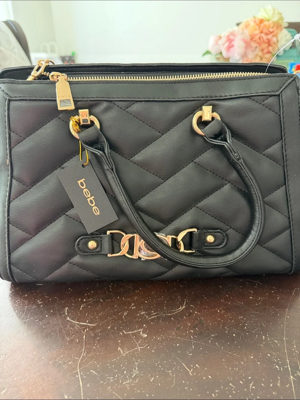bebe Quilted Black Satchel with Gold-Tone Accents